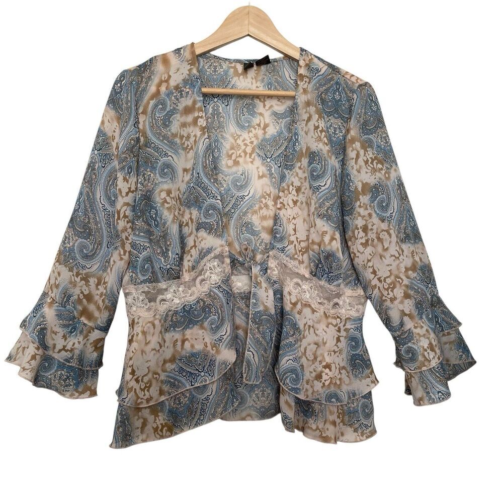 Serenade New York Womens Top L Blue Paisley Tie Front Lace Ruffle Cottagecore